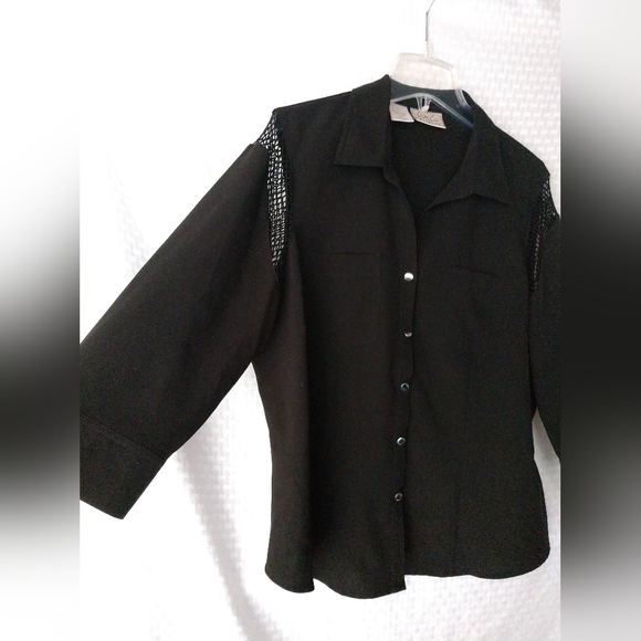 Kathy Che Stretch Black Shirt Top Netting Detail Size 16, Chest 42" - Picture 2 of 4